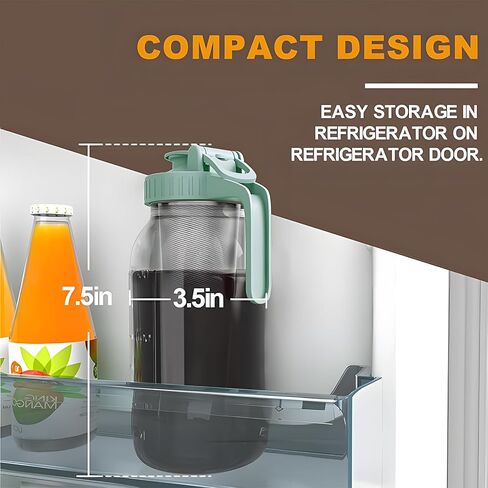 Cold Brew Coffee Maker, 64 oz Glass Mason Pitcher | 100μm stainless steel filter, wide mouth design, leak-proof lid with handle, pour spout for iced coffee, tea and cold drinks in Saudi Arabia