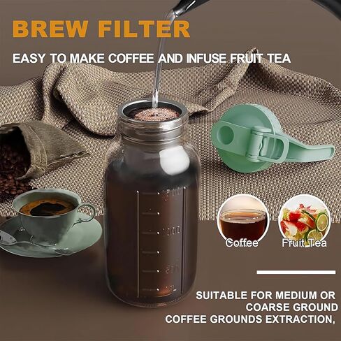 Cold Brew Coffee Maker, 64 oz Glass Mason Pitcher | 100μm stainless steel filter, wide mouth design, leak-proof lid with handle, pour spout for iced coffee, tea and cold drinks in Saudi Arabia