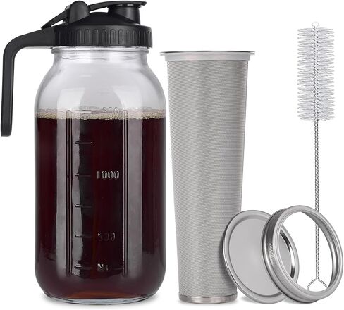 Cold Brew Mason Jar iced Coffee Maker, Durable Glass, 64 oz (2 Quart / 1.9 Liter), With Handle& Stainless Steel Filter for Iced Brew Coffee, Lemonade, Ice Tea, Homemade Fruit Drinks Container in Saudi Arabia