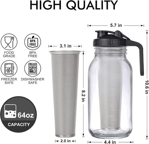 Cold Brew Mason Jar iced Coffee Maker, Durable Glass, 64 oz (2 Quart / 1.9 Liter), With Handle& Stainless Steel Filter for Iced Brew Coffee, Lemonade, Ice Tea, Homemade Fruit Drinks Container in Saudi Arabia