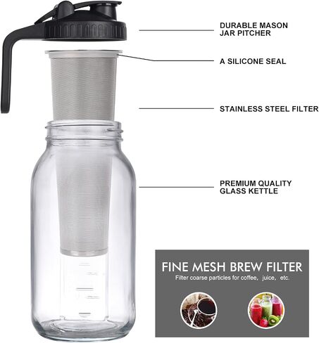 Cold Brew Mason Jar iced Coffee Maker, Durable Glass, 64 oz (2 Quart / 1.9 Liter), With Handle& Stainless Steel Filter for Iced Brew Coffee, Lemonade, Ice Tea, Homemade Fruit Drinks Container in Saudi Arabia