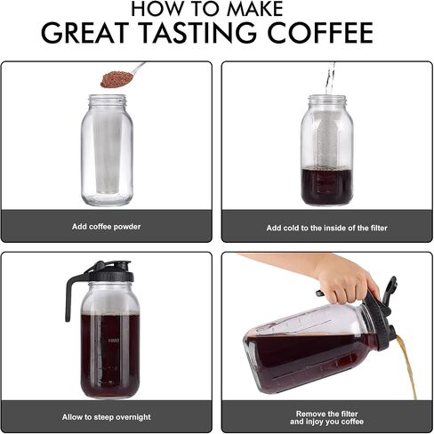 Cold Brew Mason Jar iced Coffee Maker, Durable Glass, 64 oz (2 Quart / 1.9 Liter), With Handle& Stainless Steel Filter for Iced Brew Coffee, Lemonade, Ice Tea, Homemade Fruit Drinks Container in Saudi Arabia