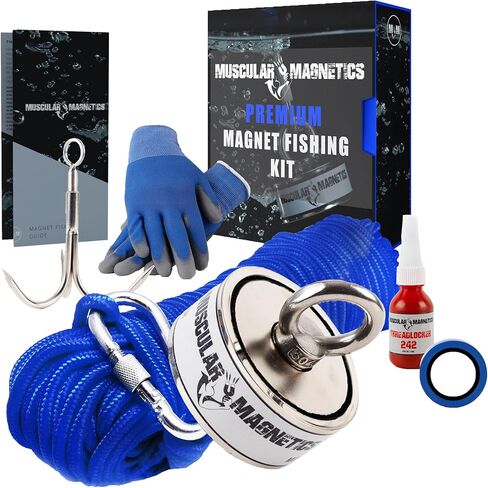 1325lb Double Sided Fishing Magnet Bundle Pack - Includes 6mm 100ft High Strength Nylon Rope with Carabiner, Non-Slip Nylon Gloves, Threadlocker, Grappling Hook & Tape (Complete Kit) in Saudi Arabia