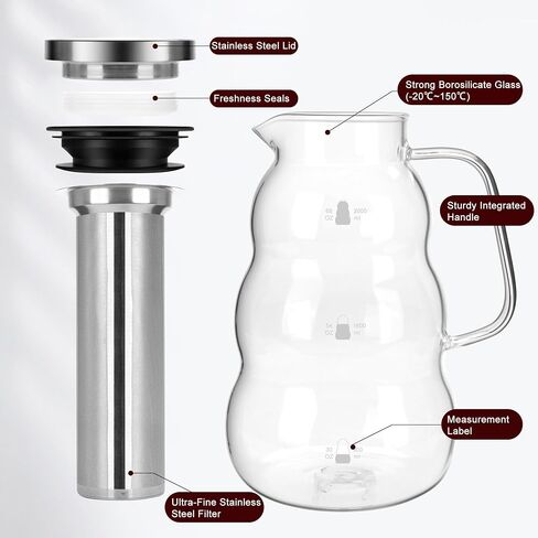 Easy-To-Use Cold Brew Coffee Maker, All Parts Dishwasher-Safe, 2.0L/68oz Heavy Duty Glass Pitcher with Super-Fined Stainless Steel Filter, Cold Brew Pitcher for Iced Coffee, Ice Tea in Saudi Arabia