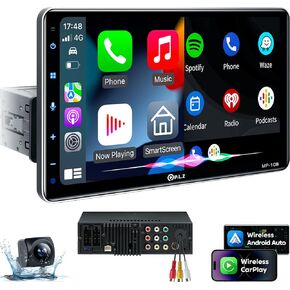 PLZ 10.1" Wireless Single Din Car Radio Stereo with Apple Carplay Android Auto Touch Screen, Car Play Audio Receivers Headunit, Bluetooth 5.3, Backup Camera, 240W, 2 Subwoofers, Navigation, FM/AM, SWC