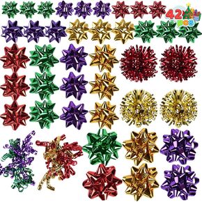JOYIN 42 Pcs Gift Bows Assortment for Christmas with 36 Multi-Colored (Gold, Silver, White) Assorted Size Self Adhesive Gift Bows, 4 Tinsel Bows and 2 Curly Bows for Gift Wrapping, Christmas Wrapping