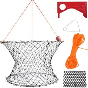 Double Ring Crab Trap Steel Ring Crab Net 24" Top Ring, 20" Bottom Ring with 50' Rope, Bait Bag, Bait Clip, Crab Gauge Measure Kit for Crabbing Dungeness, Rock and Blue Crab