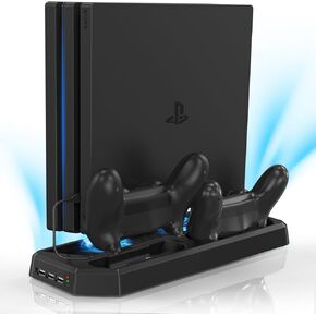 محطة شاحن وحدة التحكم لجهاز PS4 Pro، حامل عمودي لجهاز PS4 مع قاعدة شحن وحدة تحكم مزدوجة، ومروحة تبريد مزدوجة و3 منافذ USB (فقط لجهاز PS4 Pro)