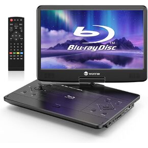 WONNIE 16.9" Portable Blu-Ray DVD Player with 14.1" 1080P Full HD Large Swivel Screen, Surround Sound, 4 Hrs Rechargeable Battery, Support Last Memory, HDMI Out, AV in, USB/SD Card, Sync TV