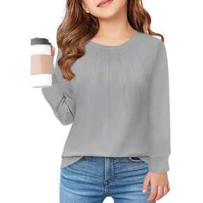 Haloumoning Girls Pleated Long Sleeve Shirts Fashion Dressy Tunic Tops Blouses 5-14 Years