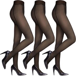 Haysandy 3 Pairs Women Fleece Lined Warm Tights, Fake Translucent Pantyhose, Stretchy Slim Leggings (Black, Brown, Grey, 220g+220g+220g)