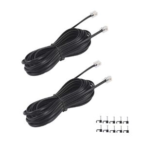15FT Telephone Extension Cord Cable, Landline Phone Line Wire with RJ11 6P4C Plugs, Includes Cable Clips - Black - 2 Pack
