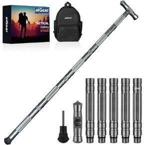 aiGear Tactical Walking Stick CNC Machined Aluminum Tactical Cane Adjustable Length Hiking Stick for Survival Camping Hiking Color Gray