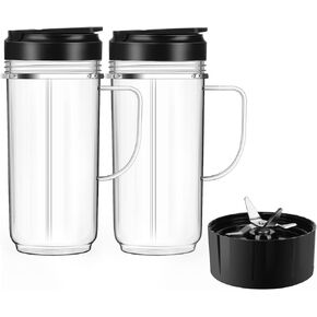 2 Pack Magic Bullet Blender Cups, Tall 22oz Cups Mugs Flip Top To-Go Lids & 4 Fins Cross Blade with Gasket Handle Replacement Part Compatible Magic Bullet Blender Juicer Mixer Accessories 250W MB1001