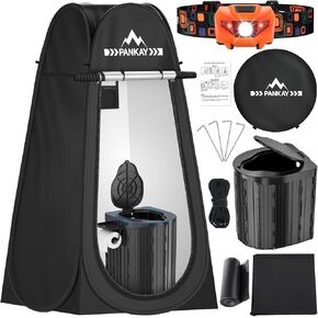 PANKAY Camping Toilet with Headlamp, XL Portable Toilet Potty for Adults with Mobile Phone Holder and a Paper Towel Rack, Essential Outdoor Portable Potty Kit, Pop up Privacy Tent with Carry Bag