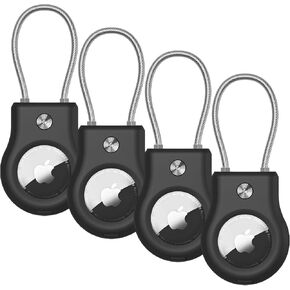 AirTag Keychain Holder - Air tag Lock Case with Wire Cable Compatible with Apple AirTags, Ultra Durable Anti-Lost Protective Case with Keyring for Luggage, Key, Backpack, Pet, Black (4 Pack)