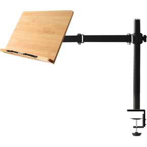 wishacc Book Stand with Clamp, Aluminum Alloy and Bamboo Material Build, Table Side Design, Height Adjustable, Desktop Reading Mount Holder with Sturdy Page Clips (11 x 8.1 Inches)