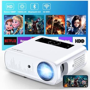 GROVIEW Projector, 15000lux 490ANSI Native 1080P WiFi Bluetooth Projector, 300'' Video Projector, Supports 4K & Zoom, 5G Sync, Compatible with HDMI USB/ AV/ Smartphone/ Pad/ Laptop/ DVD/ TV Stick/ PS5