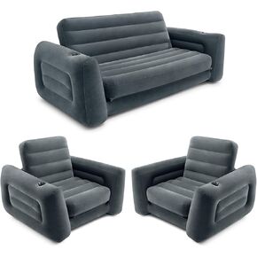 Intex Inflatable Furniture Set with Pull Out Sofa Chair Queen Sized Air Bed Mattress and 2 Pull Out Sofa Bed Sleep Away Futon Couch, Dark Gray