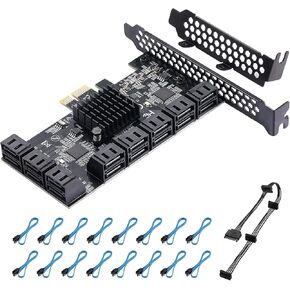 PCIE SATA Card 16 Ports, 6 Gbit/s SATA 3.0 PCIe Card, PCIe to SATA Controller Expansion Card, Boot as System Hard Drive, Suitable for All PCIE Slots (JMB575 + ASM1064)
