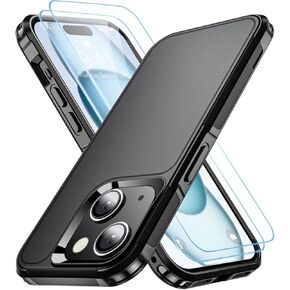 Shockproof for iPhone 15 Case,[15 FT Military Grade Drop Protection],with 2X [Tempered Glass Screen Protector ] with Air Bumpers Full-Body Protective Phone Case, Mysterious Black