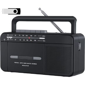 Cassette Tape Player Boombox, Audio Cassette to Digital Converter via USB, AM FM Radio Recorder, Record to Cassettes/U Disk, 6W Speaker and Earphone Jack, AC or Battery Powered,16GB USB