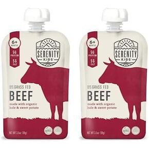 Serenity Kids 6+ Months Baby Food Pouches Puree Made With Ethically Sourced Meats & Organic Veggies | 3.5 Ounce BPA-Free Pouch | Grass Fed Beef, Kale, Sweet Potato | 1 Count
