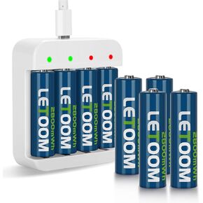 Lithium AA Batteries Rechargeable 4 Pack with Charger 1.5V, 2800mWh 2-Hour Fast Charge for Camera Batteries, Xbox, and Toys
