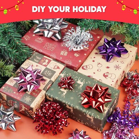 JOYIN 42 Pcs Gift Bows Assortment for Christmas with 36 Multi-Colored (Gold, Silver, White) Assorted Size Self Adhesive Gift Bows, 4 Tinsel Bows and 2 Curly Bows for Gift Wrapping, Christmas Wrapping in Saudi Arabia