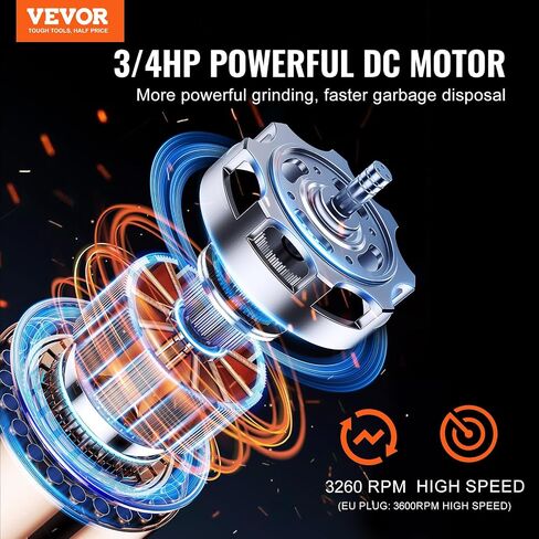 VEVOR Garbage Disposal, 3/4 HP 3260RPM Continuous Feed Food Waste Disposer, 3-Bolt Mount Food Waste Grinding System with Sound Reduction, Power Cord & Splash Guard for Kitchen Sinks in Kuwait