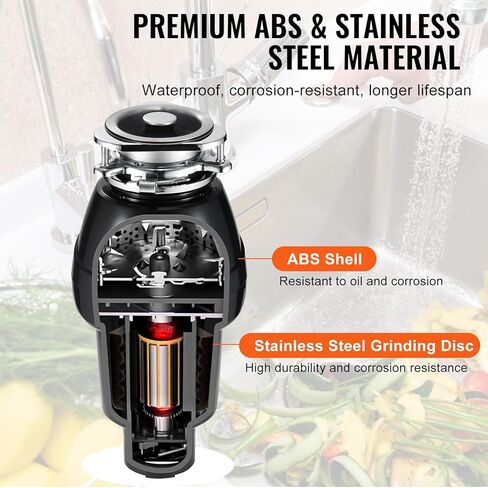 VEVOR Garbage Disposal, 3/4 HP 3260RPM Continuous Feed Food Waste Disposer, 3-Bolt Mount Food Waste Grinding System with Sound Reduction, Power Cord & Splash Guard for Kitchen Sinks in Kuwait