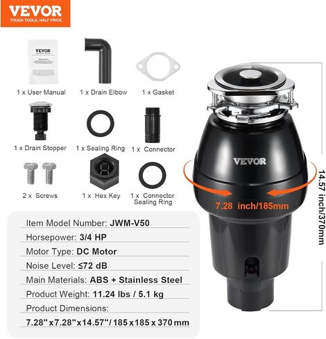 VEVOR Garbage Disposal, 3/4 HP 3260RPM Continuous Feed Food Waste Disposer, 3-Bolt Mount Food Waste Grinding System with Sound Reduction, Power Cord & Splash Guard for Kitchen Sinks in Kuwait