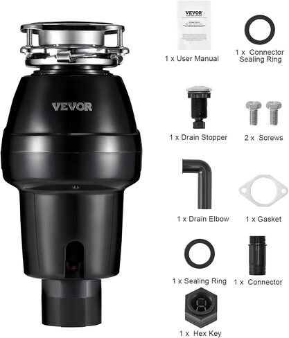 VEVOR Garbage Disposal, 3/4 HP 3260RPM Continuous Feed Food Waste Disposer, 3-Bolt Mount Food Waste Grinding System with Sound Reduction, Power Cord & Splash Guard for Kitchen Sinks in Kuwait