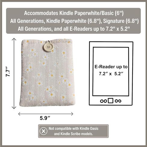 Floral Kindle Sleeve - Compatible with Paperwhite/Basic (6''), Paperwhite (6.8''), Signature (6.8'') - Padded Cotton E-Reader Cover in Saudi Arabia