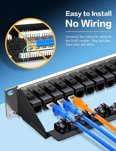 24 Port Patch Panel RJ45 Passthrough Patch Panel Cat6A Keystone Patch Panel Unshielded Network Patch Panel with Smart Cable Management for 19inch Rackmount in Saudi Arabia