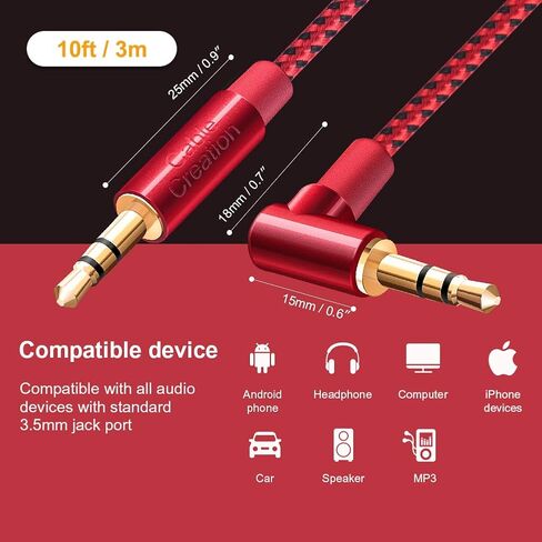 CableCreation 3.5mm Audio Cable 6FT/1.8M, Right Angle Male to Male Auxiliary Stereo HiFi Cable with Silver-Plating Copper Core for Car Stereos, iPhones, Tablets, Speaker, Laptops, 24K Gold Plated in Saudi Arabia
