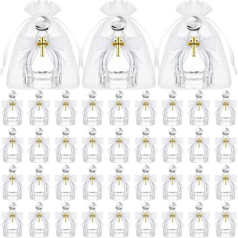 Holy Catholic Christian Water Bottles with Cross Organza Bags Lace Bow and Rope Water Container for Holy Communion Gifts Church Wedding Baptism Party Favors(White,12 Set) in Kuwait