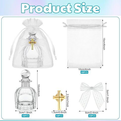 Holy Catholic Christian Water Bottles with Cross Organza Bags Lace Bow and Rope Water Container for Holy Communion Gifts Church Wedding Baptism Party Favors(White,12 Set) in Kuwait