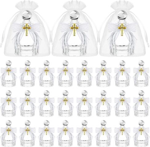 Holy Catholic Christian Water Bottles with Cross Organza Bags Lace Bow and Rope Water Container for Holy Communion Gifts Church Wedding Baptism Party Favors(White,12 Set) in Kuwait