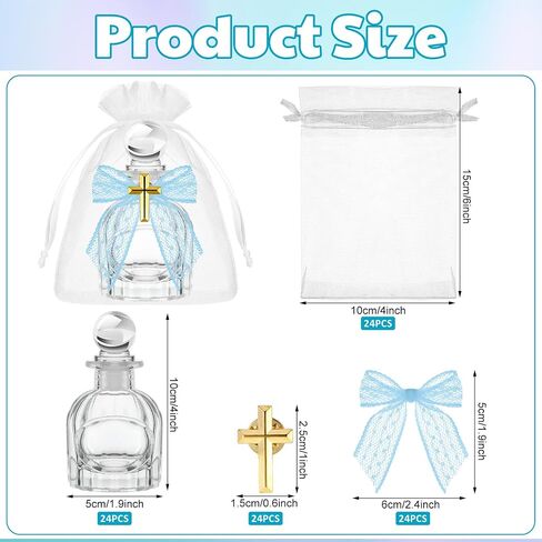 Holy Catholic Christian Water Bottles with Cross Organza Bags Lace Bow and Rope Water Container for Holy Communion Gifts Church Wedding Baptism Party Favors(White,12 Set) in Kuwait