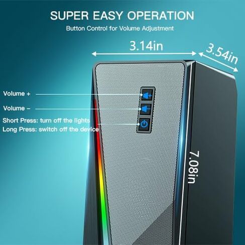 مكبرات صوت للكمبيوتر، مكبرات صوت لسطح المكتب مع 6 مصابيح RGB ملونة، مكبرات صوت للكمبيوتر الشخصي للتحكم في مستوى الصوت، مكبرات صوت للألعاب تعمل بمنفذ USB مع كابل Aux 3.5 مم لشاشة الكمبيوتر المحمول والكمبيوتر اللوحي والهاتف in Saudi Arabia