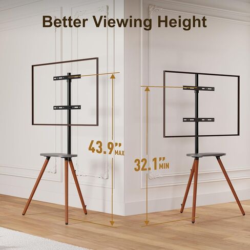 Tripod Easel TV Stand for 43 to 65 Inch LCD Led Screen, Height Adjustable and Swievel TV Stand, Portable TV Floor Stand with Wooden Tray for Bedroom, Living Room, Studio, Metal Black in Kuwait