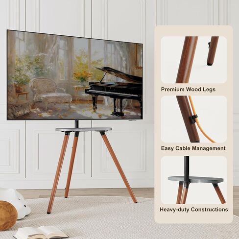 Tripod Easel TV Stand for 43 to 65 Inch LCD Led Screen, Height Adjustable and Swievel TV Stand, Portable TV Floor Stand with Wooden Tray for Bedroom, Living Room, Studio, Metal Black in Kuwait
