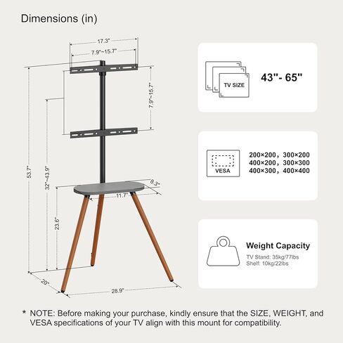 Tripod Easel TV Stand for 43 to 65 Inch LCD Led Screen, Height Adjustable and Swievel TV Stand, Portable TV Floor Stand with Wooden Tray for Bedroom, Living Room, Studio, Metal Black in Kuwait