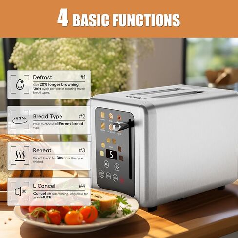 WHALL Touch Screen Toaster 2 Slice, Stainless Steel Digital Timer Toaster with Sound Function, Smart Extra Wide Slots Toaster with Bagel, Cancel, Defrost (silver) in Saudi Arabia