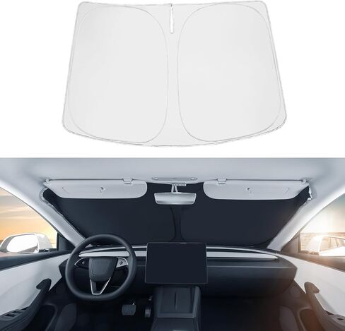BASENOR 2024 Newest Telsa Model 3 Model Y Windshield SunShade [Nano Ice Crystal Particle] Umbrella Front Window Sun Shade [No Gaps] Coating 100% Heat Protection Retractable Sunshades Telsa Accessories in Kuwait