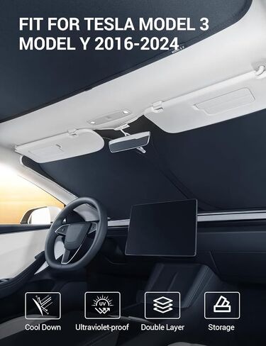 BASENOR 2024 Newest Telsa Model 3 Model Y Windshield SunShade [Nano Ice Crystal Particle] Umbrella Front Window Sun Shade [No Gaps] Coating 100% Heat Protection Retractable Sunshades Telsa Accessories in Kuwait