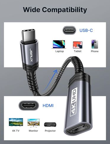 JSAUX USB C to HDMI Adapter, 4K USB Type-C to HDMI Female Adapter [Thunderbolt 3 Compatible] for iPhone 15 Pro, MacBook Pro/Air, Surface, Samsung Galaxy S21 S20 Ultra S10 S9 S8, Dell XPS 15-Grey in Kuwait