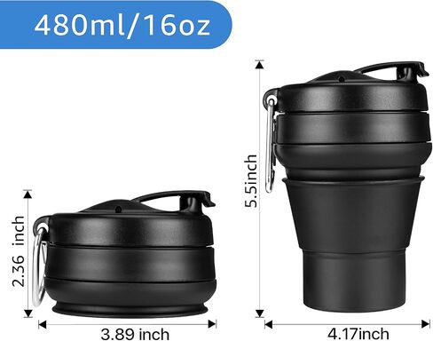 Collapsible Coffee Cup, 16 OZ 480ml Silicone Folding Camping Cup, Leak Proof BPA Free Portable Cup, Travel mug with Lids for hiking (Black) in Saudi Arabia