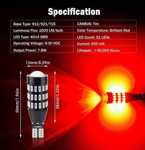 1500 لومن ساطع للغاية Canbus خالي من الأخطاء 921 912 906 904 T15 W16W LED لمبات 51-SMD 4014 شرائح LED مع جهاز عرض للأضواء العكسية الاحتياطية، 6500K زينون أبيض (حزمة من 2) in Kuwait
